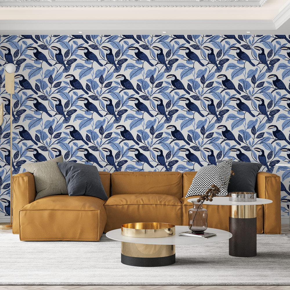 Toucan Wallpaper | Blue Birds Among Delicate Leaves