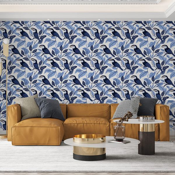 Toucan Wallpaper | Blue Birds Among Delicate Leaves