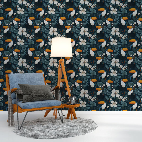 Toucan Wallpaper | Birds, White Flowers and Tropical Leaves