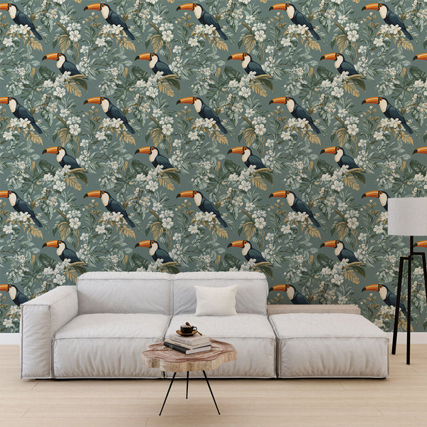Toucan Wallpaper | Birds, White Flowers and Lush Greenery