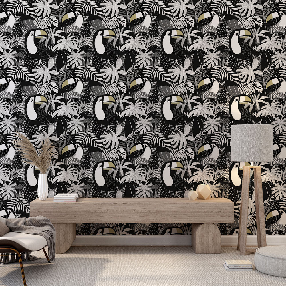 Toucan Wallpaper | Monochrome Birds and Foliage in Gray