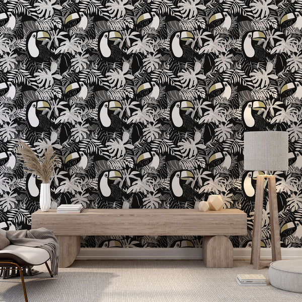 Toucan Wallpaper | Monochrome Birds and Foliage in Gray