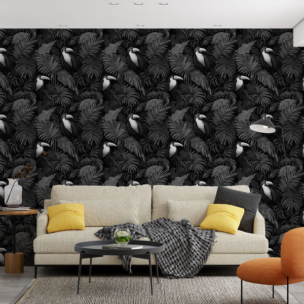 Toucan Wallpaper | Lush Foliage in Black and White