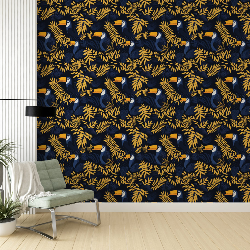 Toucan Wallpaper | Golden Foliage on a Deep Black Ground