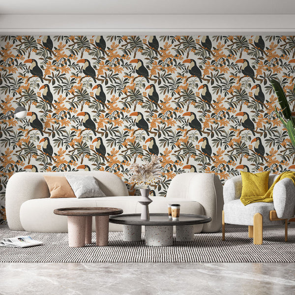 Toucan Wallpaper | Exotic Birds and Orange Foliage Print