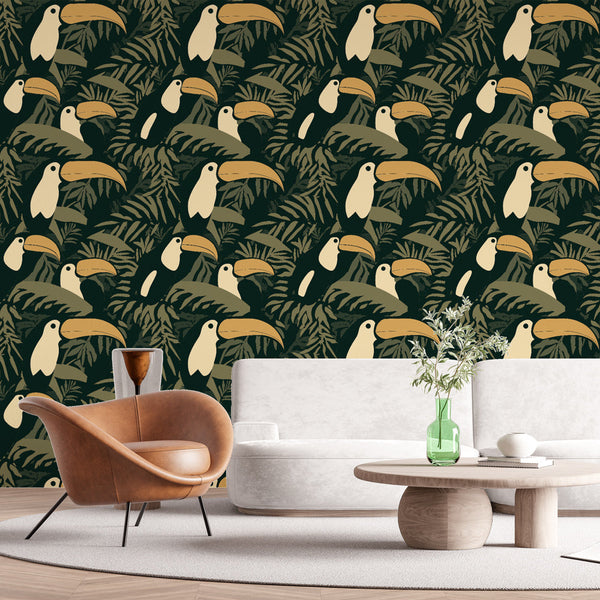 Toucan Wall Mural | Tropical Birds in Deep Green Leaves