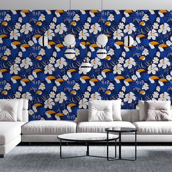 Toucan Wallpaper | Toucans and Tropical Blooms on Blue