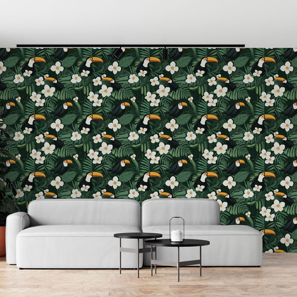 Toucan Wallpaper | Birds, White Flowers and Lush Foliage