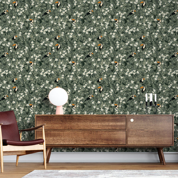 Toucan Wallpaper | Birds and White Blooms on Soft Green