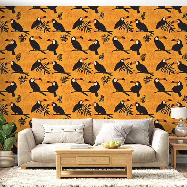 Toucan Wallpaper | Playful Birds on a Bright Orange Ground