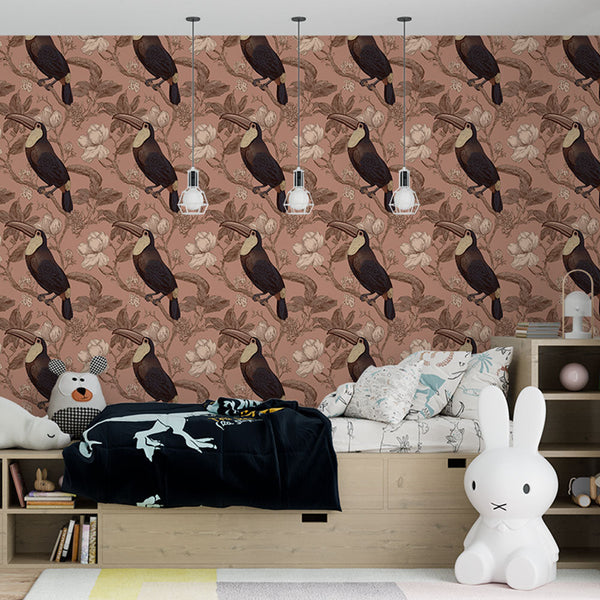 Toucan and Flower Wallpaper | Warm Pink Wall Mural