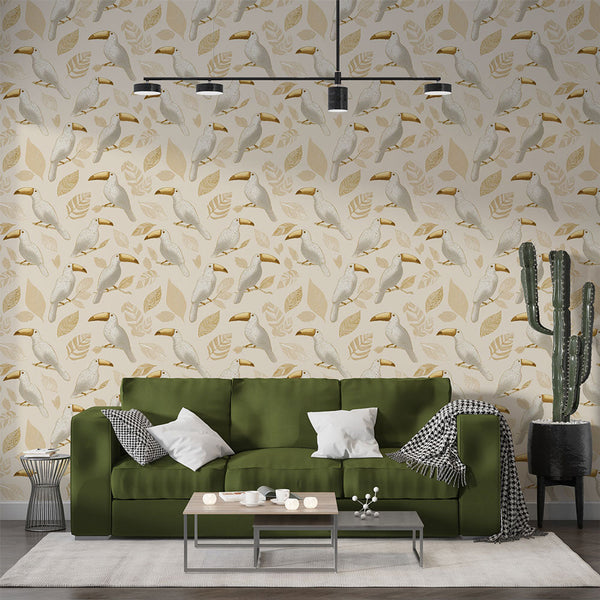 Toucan Wallpaper | Beige and Gold Leaf Wall Mural