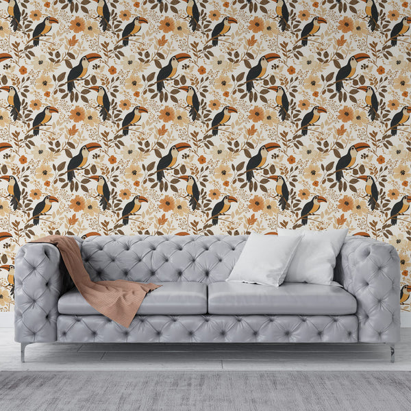 Toucan Floral Wallpaper | Bright Birds Among Soft Blossoms