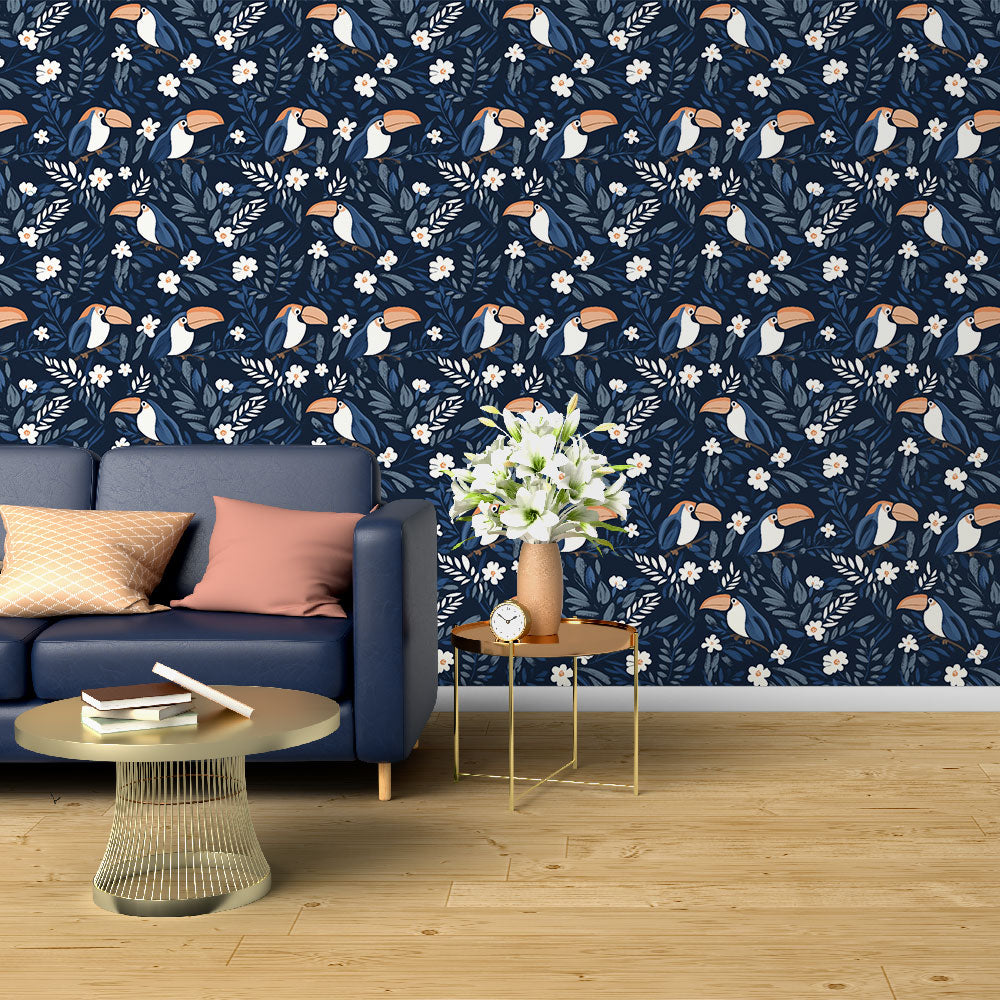 Toucan Wallpaper | Floral Pattern on a Navy Background