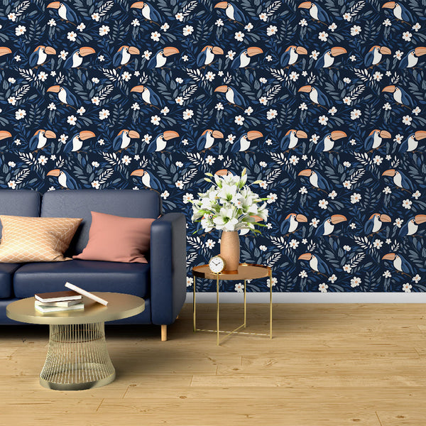 Toucan Wallpaper | Floral Pattern on a Navy Background