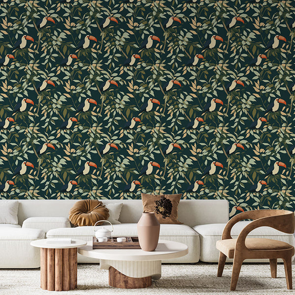 Toucan Wallpaper | Playful Birds on Deep Green Foliage