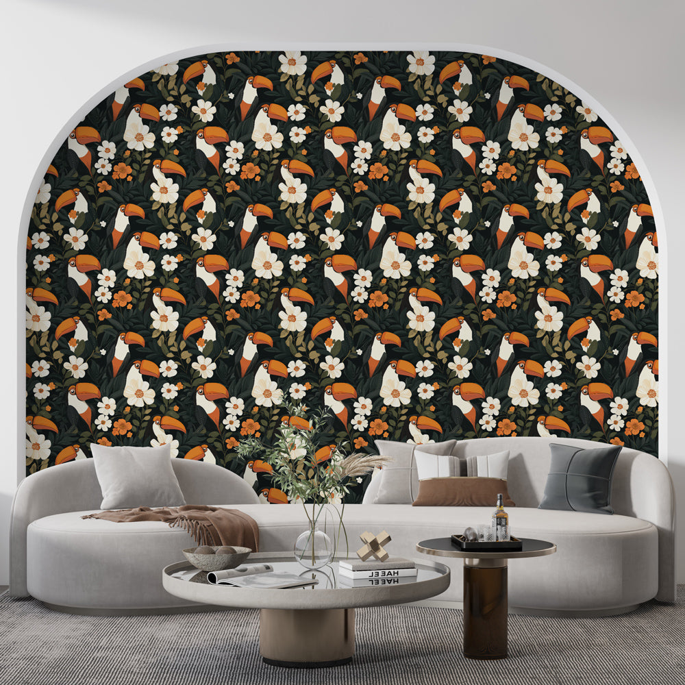 Toucan Wallpaper | Lush Birds and Vivid Blooms on Dark Ground
