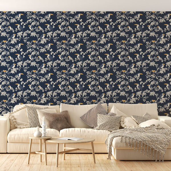 Toucan Wallpaper | Lush Birds and Blooms on Midnight Blue