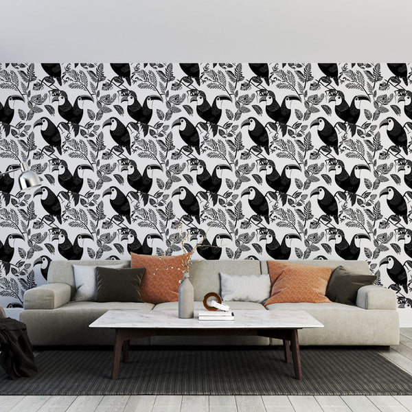 Toucan Wallpaper | Black and White Birds with Tropical Leaves