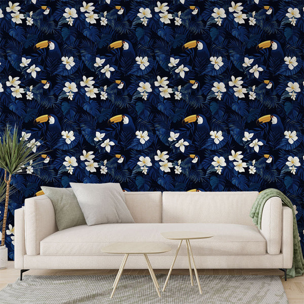 Toucan Wallpaper | White Flowers on a Deep Blue Ground