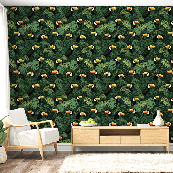 Toucan Wall Mural | Tropical Birds in Lush Green Foliage