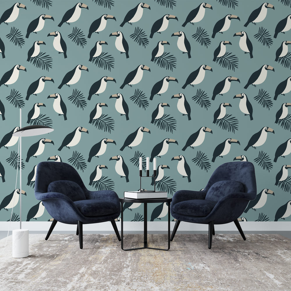 Toucan Wallpaper | Tropical Birds and Exotic Leaves on Blue