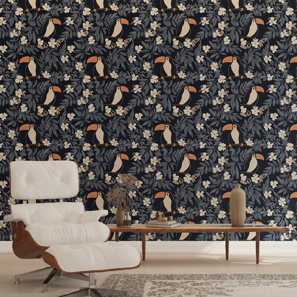 Toucan Wallpaper | Tropical Birds and Blooms on Navy Blue