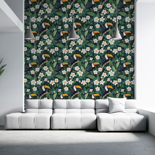 Toucan Wallpaper | Tropical Birds on Lush Green Florals