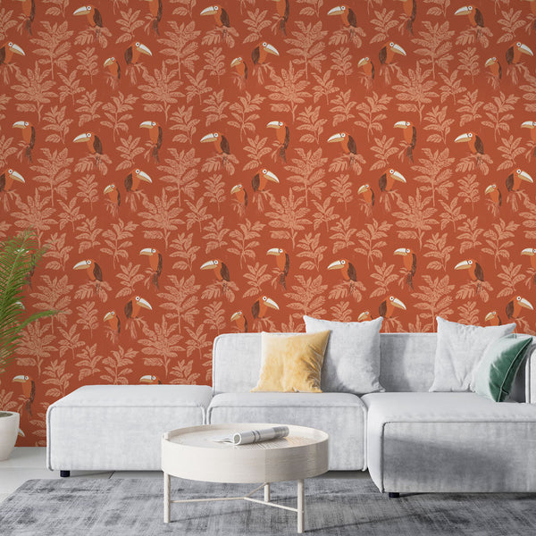 Toucan Wallpaper | Tropical Birds and Foliage on Rust