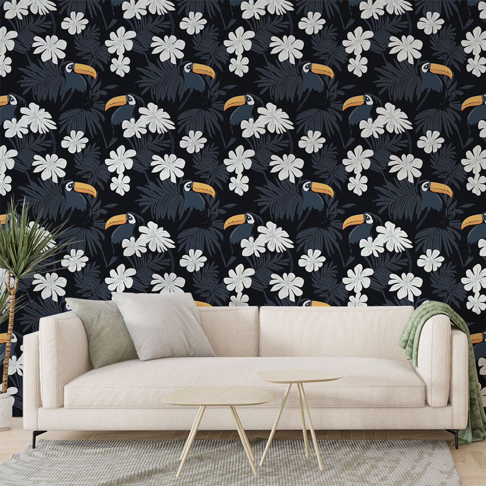 Toucan Wallpaper | Tropical Birds and Blooms on Black