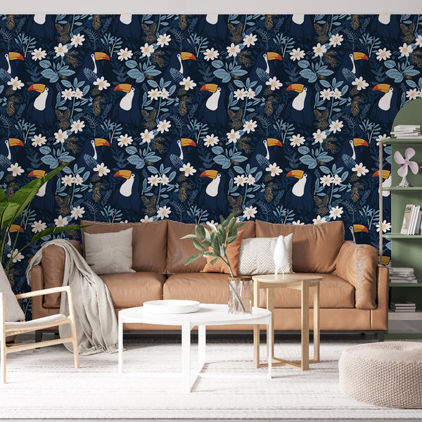 Toucan Wallpaper | Tropical Birds and Blooms on Night Blue