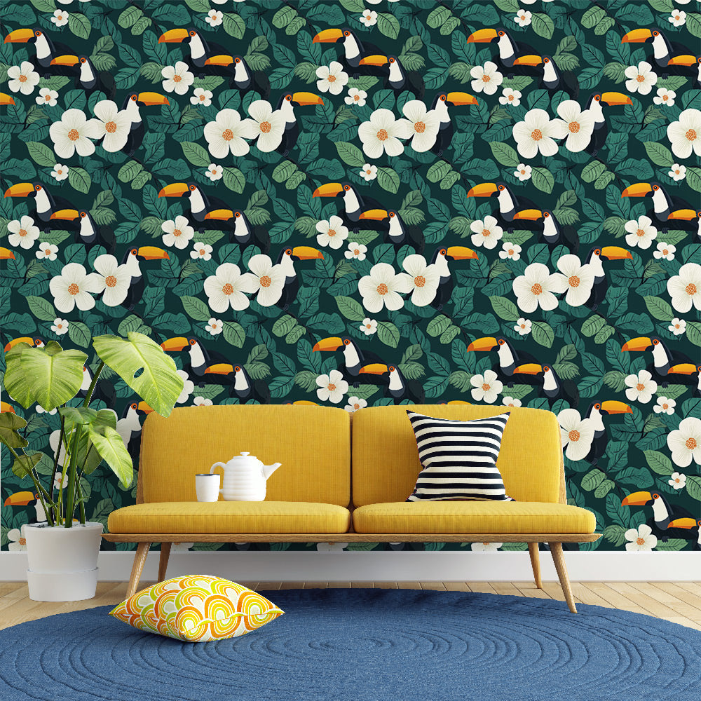 Toucan Wallpaper | Tropical Toucans and White Blooms