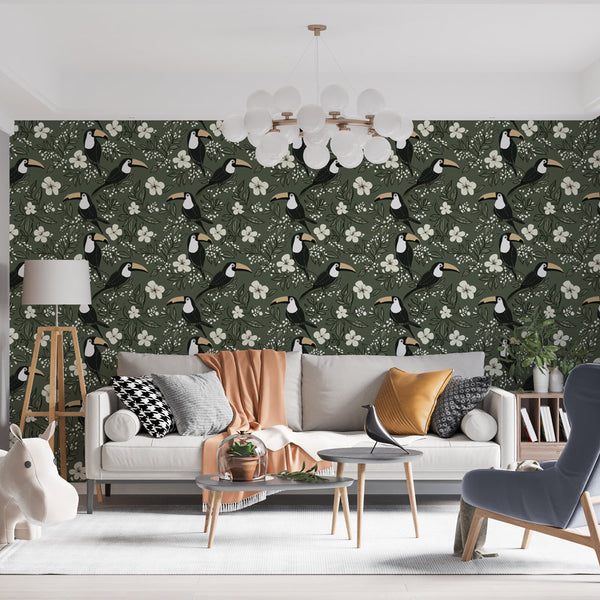 Toucan Wallpaper | White Flowers on Olive Green Foliage