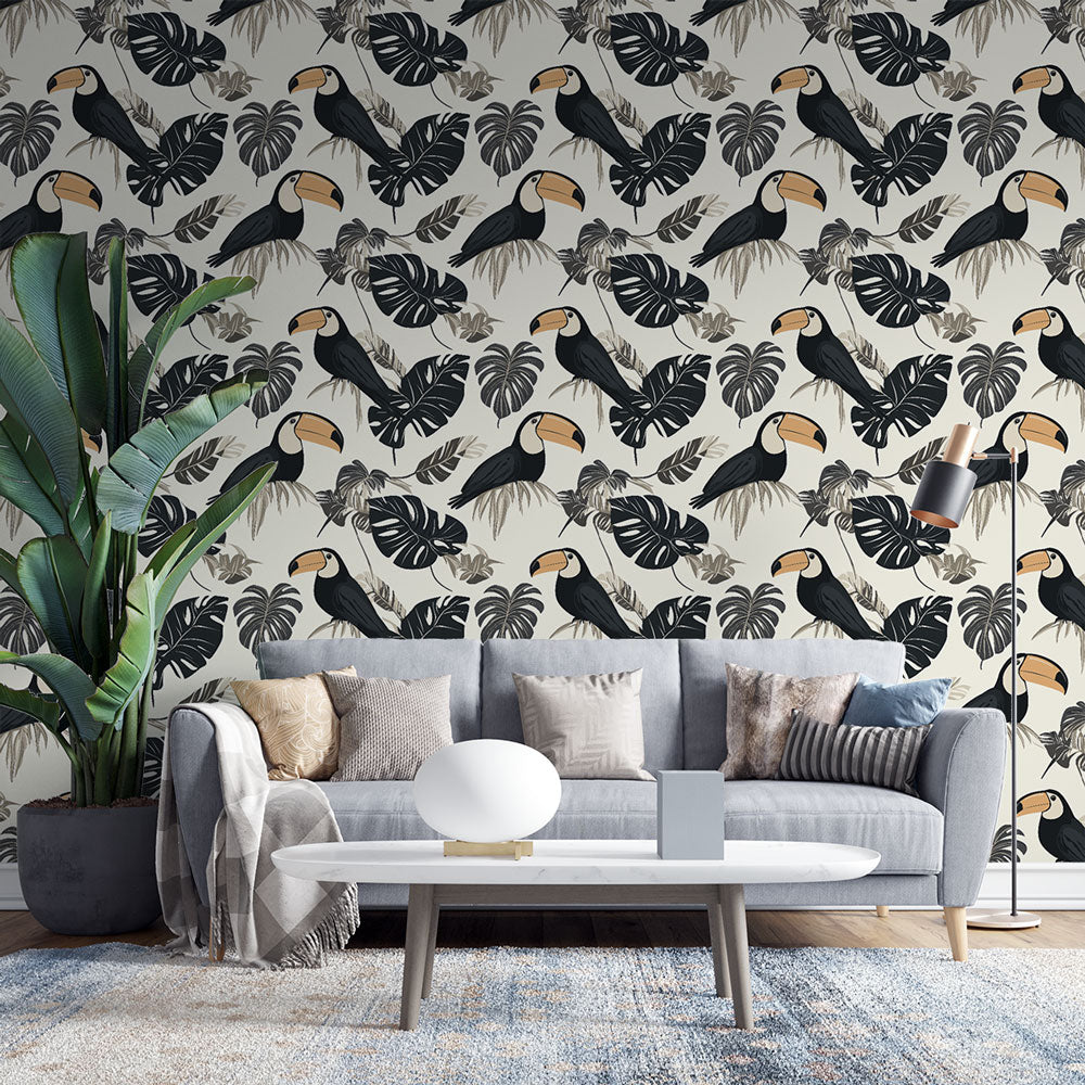 Toucan Wallpaper | Tropical Birds and Exotic Leaves on Light