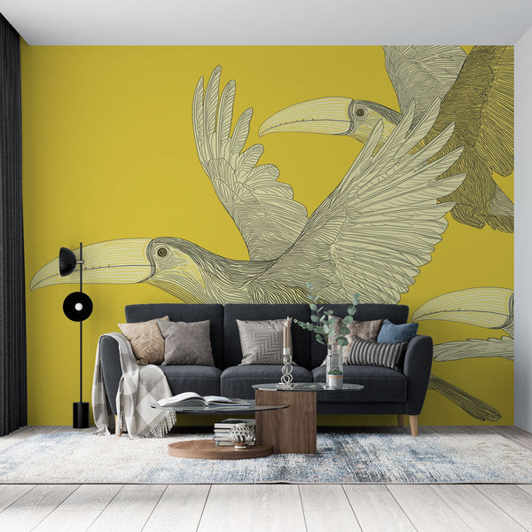 Toucan Wallpaper | Flying Toucans on a Bright Yellow Ground