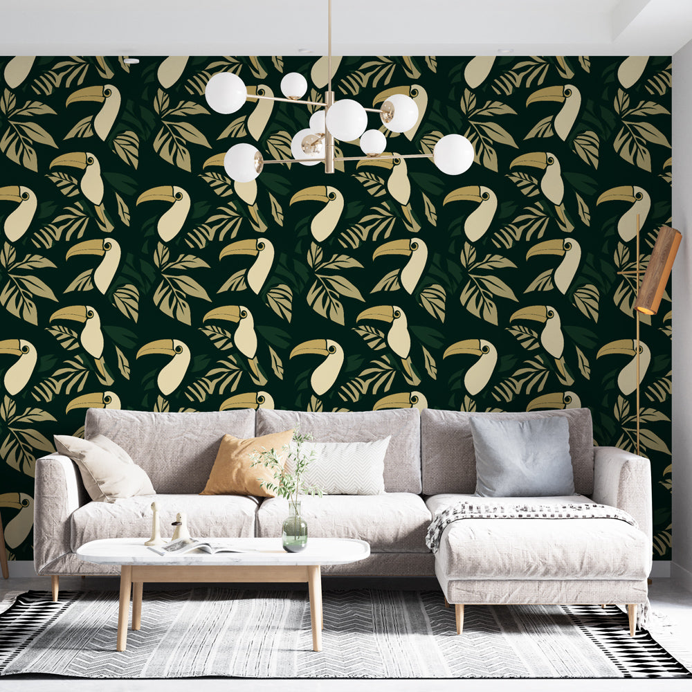Toucan Wallpaper | Tropical Leaves on a Deep Green Ground