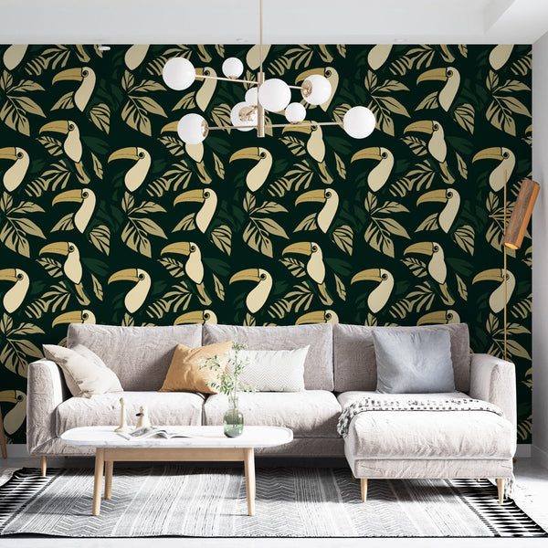 Toucan Wallpaper | Tropical Leaves on a Deep Green Ground