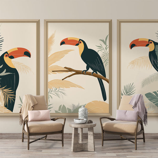 Toucan Wallpaper | Vibrant Triptych Tropical Wall Mural
