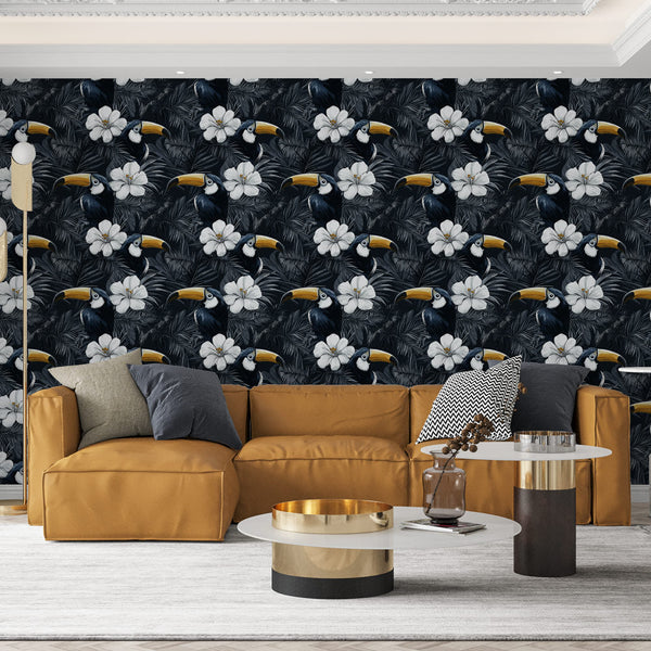 Toucan Wallpaper | Elegant Birds and White Blooms on Dark