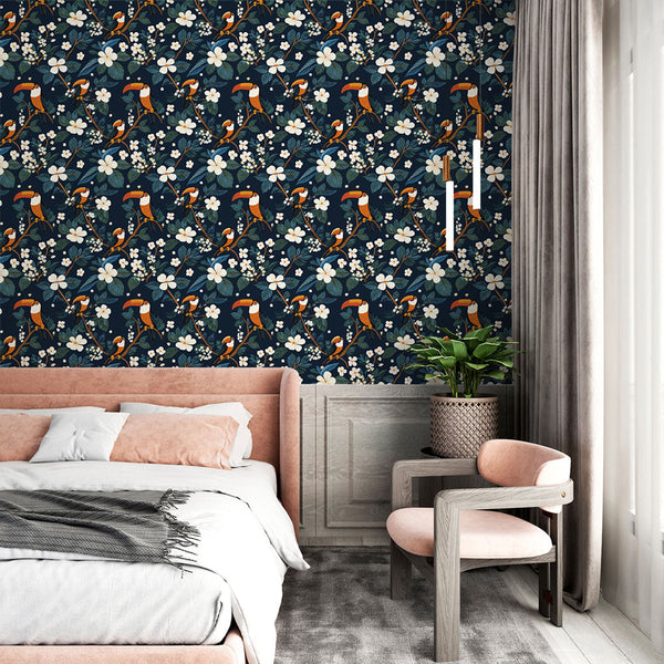 Toucan Wallpaper | Vivid Birds and White Blooms on Dark