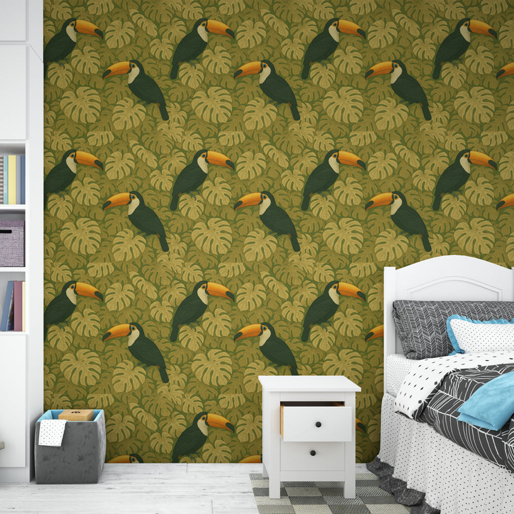 Tropical Toucan Wallpaper | Monstera Foliage Wall Mural