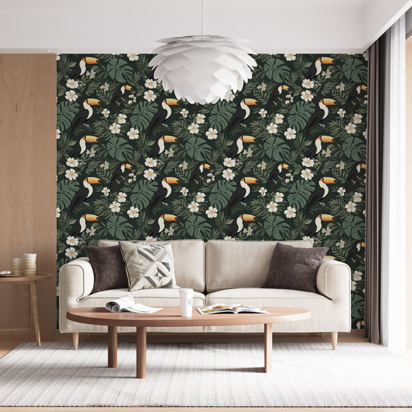 Toucan Wallpaper | Vivid Tropical Birds and White Flowers