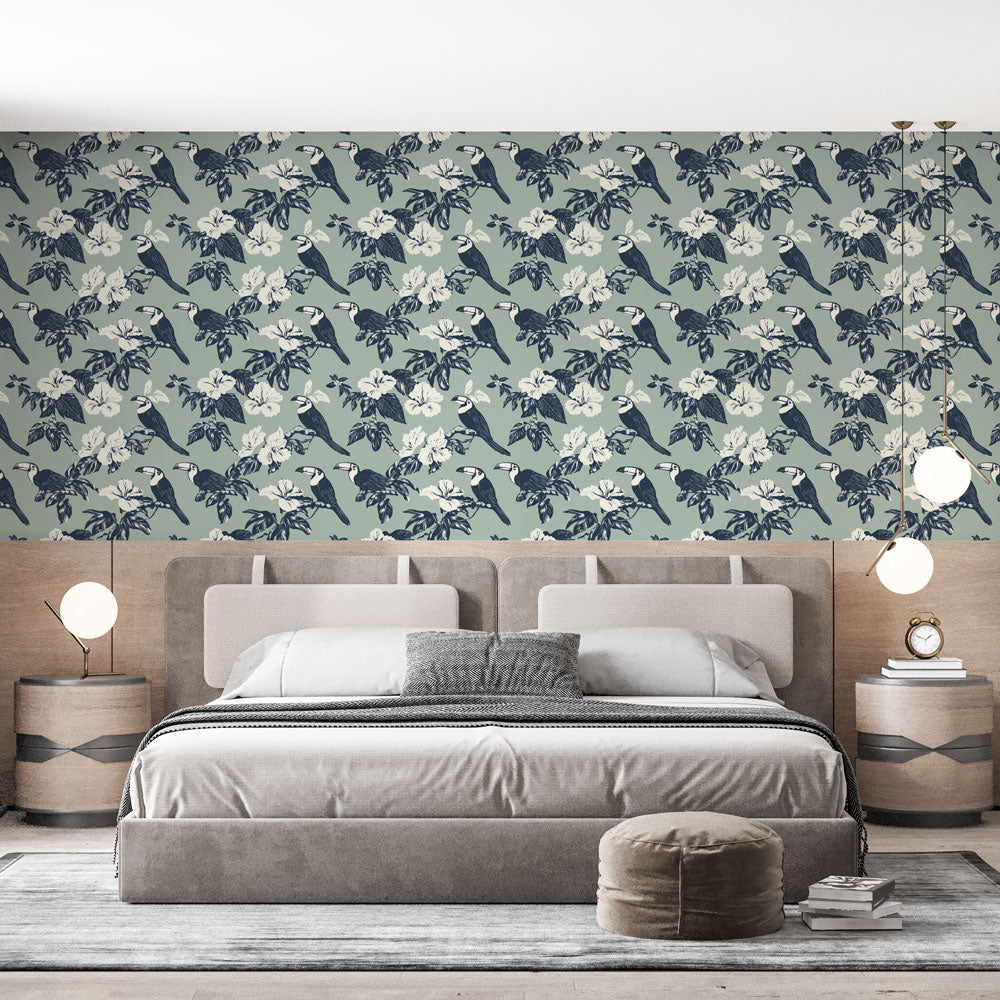 Toucan Wallpaper | Birds and Blooms on Soft Green