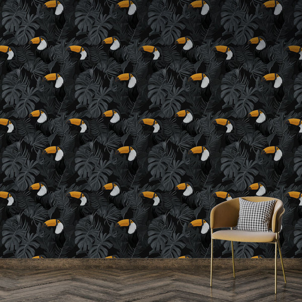 Toucans Wallpaper | Stylized Birds and Leaves on Black