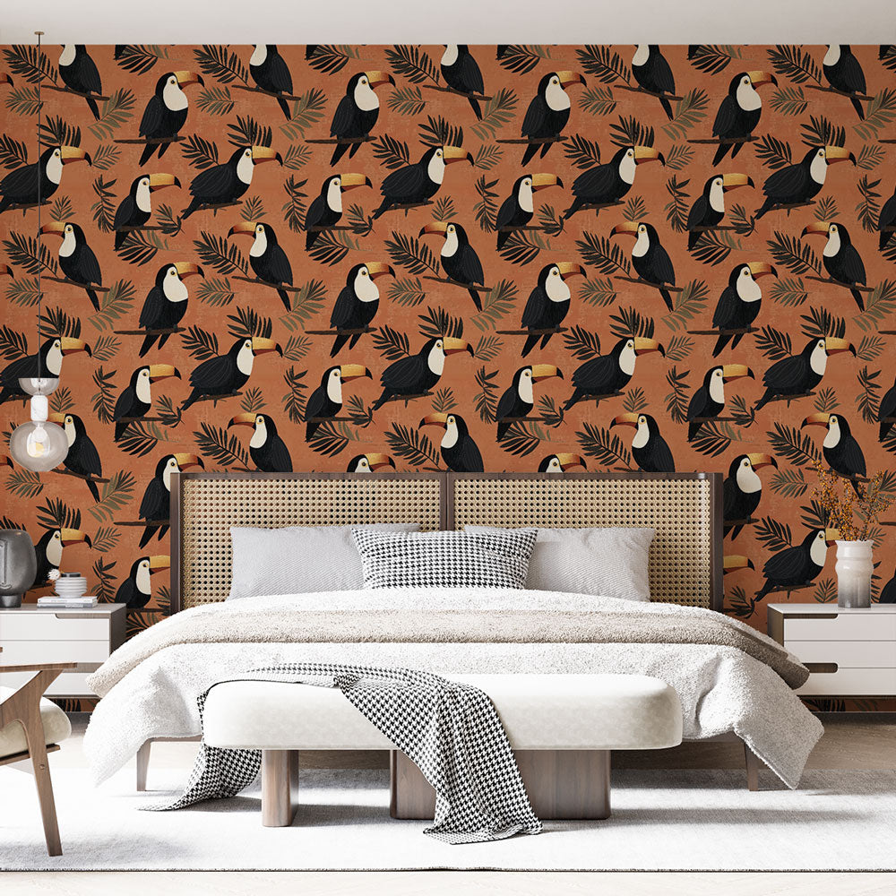 Toucan Wallpaper | Tropical Birds on a Terracotta Ground