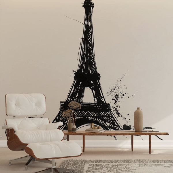 Eiffel Tower Wallpaper | Ink Splash Black & White Mural