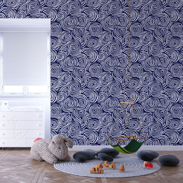 Swirl Wallpaper | White Spirals on Navy Blue Wall Mural