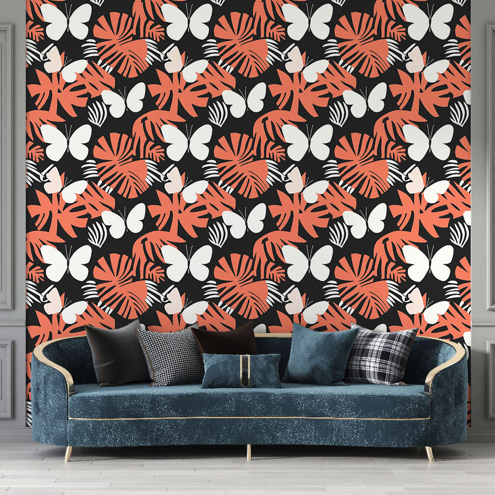 Tropical Butterfly Wallpaper | Coral Leaves on a Black Ground