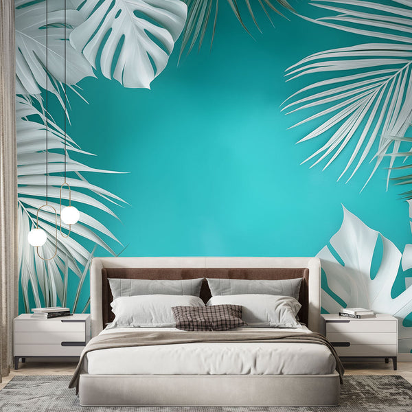 Teal Exotic Leaf Wallpaper | Turquoise Tropical Mural