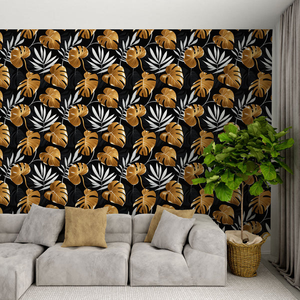 Gold Tropical Wallpaper | Exotic Leaves on Black Mural
